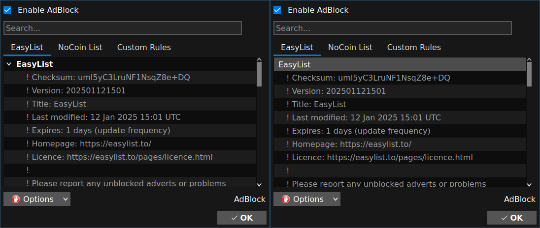 Adblock Dialog: on left before the change, on right after the change.